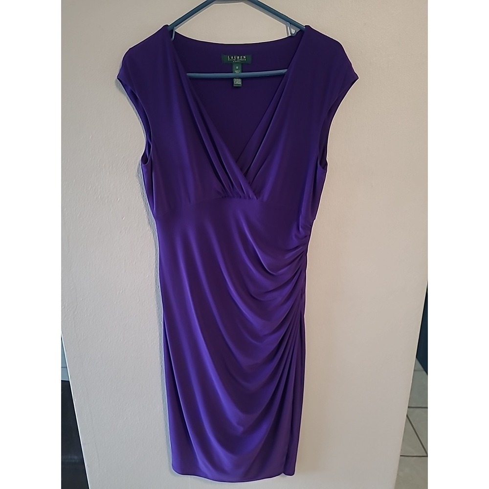 Lauren RL Women Sleeveless V Neck Knee Length Gathered Side Dress Purple Size 12